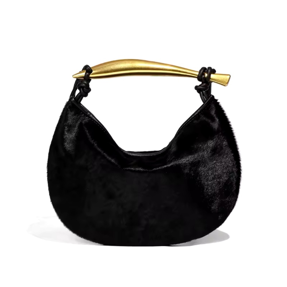 Black Pony Hair Tote Bag w Gold Sardine Handle